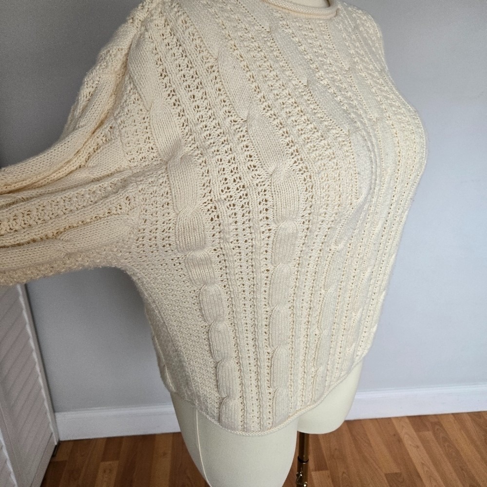Ivory Cable Knit 100% Cotton Rolled Neck Sweater XL Preppy Fisherman Minimalist - Picture 4 of 10
